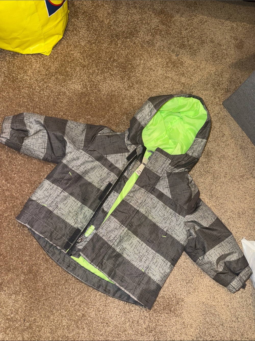 Kids Grey Striped Hooded Rain Jacket with Neon Green Lining